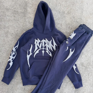 Streetwear surdimensionné à capuche délavé à l'acide 100% coton avec logo personnalisé ensembles de joggeurs pour hommes avec impression bouffante - Product Image 1