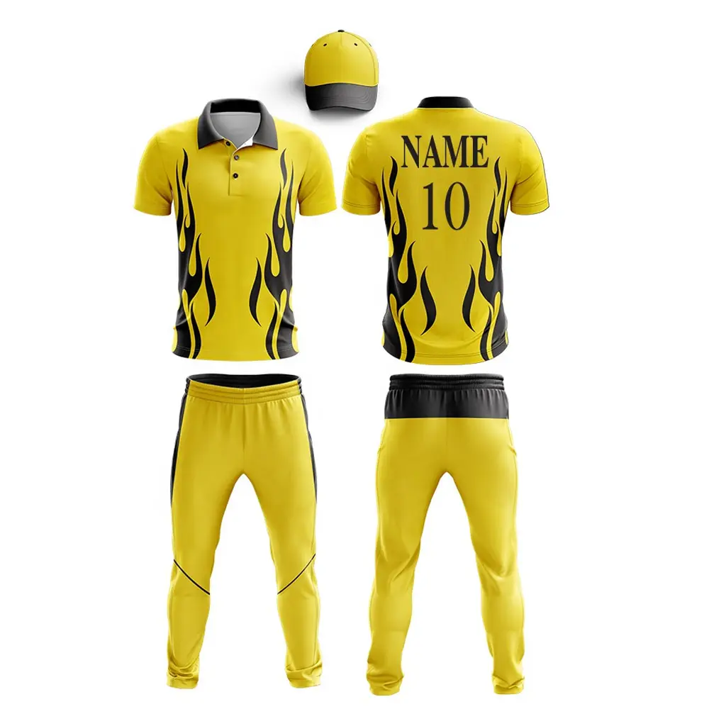 Pakistan Manufactured Bulk Sublimation Printed Quick Dry Sports Cricket Team Uniform Kit Cricket Jersey & Trouser Set With Hat