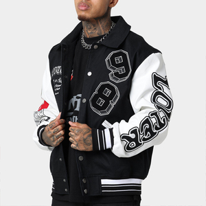 แจ็กเก็ตเบสบอลผ้าฟลีซแขนหนังแท้สีดำปักด้วยกำมะหยี่สไตล์ฤดูหนาวงานตามสั่ง - Product Image 5