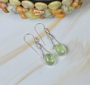 Boucles d'oreilles pendantes en argent sterling 925 de luxe vintage, bijoux tendance pour femmes, pierre naturelle, ovale, prehnite verte, cadeau de fête tendance - Product Image 3
