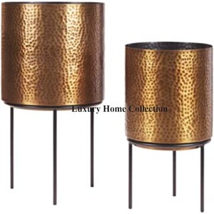 Brass <b>Antique</b> Finishing Metal Round Shape Planter and Pot Set of 2 With Black Color <b>Stand</b> and Frame Decoration for Home Hotel - Product Image 1