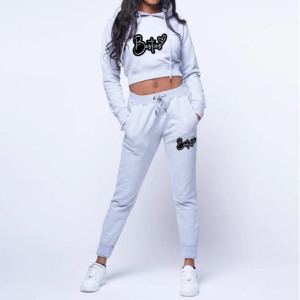 Ensembles pour femmes avec logo personnalisé, sweat-shirt à capuche court uni d'hiver, pull-over 100% coton, vêtements de sport décontractés, fermeture éclair et boutons, pantalon de jogging - Product Image 3