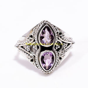 Bague en argent sterling 925 pur, faite à la main, avec deux pierres précieuses améthyste, filigrane, pour femmes, cadeau unisexe pour femme - Product Image 6