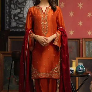 2024 colección hermoso vestido de fiesta indio/pakistaní Zari bordado trabajo Kurta Salwar Dupatta encaje mangas naturales - Product Image 1