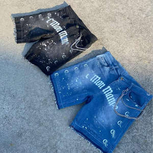 Summer Vintage Custom Fashion Washed Rhinestone <b>Mens</b> Denim Tear <b>Shorts</b> Wholesale High Street <b>Knee</b> <b>Length</b> <b>Short</b> for <b>Men</b> - Product Image 1