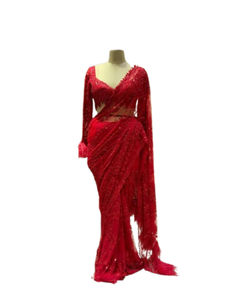 ผ้าส่าหรีเทียมลวดลายดอกไม้สไตล์ชนเผ่าขอบลูกไม้ตัดสำหรับงานปาร์ตี้ - Product Image 1