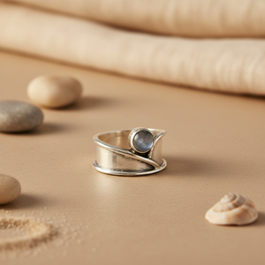 Silver <b>Ring</b> for Women with Blue Topaz Gemstone Oval Cut Bezel Set Rhodium Plated Statement Jewelry with Blue <b>Pearl</b> Inlay - Product Image 2