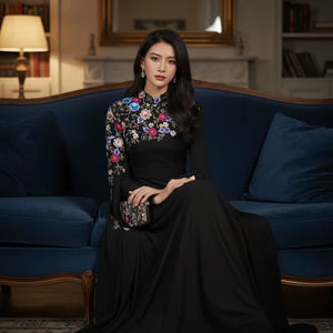 Free Size Vintage <b>Silk</b> Beaded Floral A-Line <b>Dress</b> Full-Length Formal Party Sheath Long Sleeves Natural Waistline Washable <b>Maxi</b> - Product Image 1