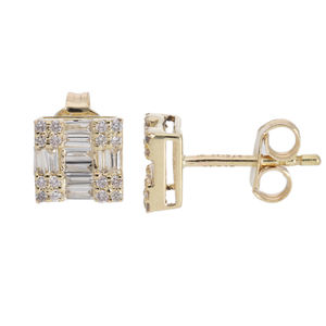 14K Gold <b>Square</b> Stud <b>Earrings</b> Featuring Natural Round & Baguette <b>Diamonds</b> in Elegant Geometric Cluster Prong and Channel Setting - Product Image 1