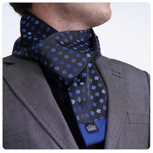 Exve Exclusive Double-Sided Jacquard Woven <b>Black</b> and Blue Square Geometric Pattern Turkey Origin <b>Scarf</b> Handkerchief - Product Image 1