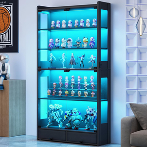 Vitrine de présentation de figurines en gros avec éclairage LED, étagères en verre trempé, 2 tiroirs, mobilier de salle de jeux, vitrine pour objets de collection - Product Image 1