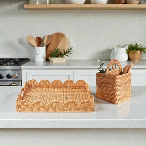Vente flash : Plateau de service multifonctionnel en bambou et rotin fait main, décoratif pour la cuisine, la salle à manger, organisateur de rangement pour le salon, durable, individuel - Product Image 5