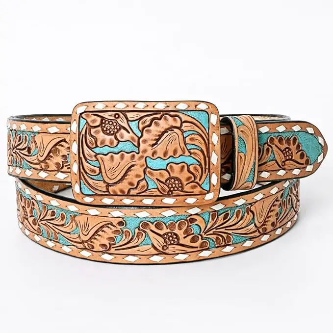 Cowboy leaf pattern embossed hand carved western leather tooled belt with floral buckle