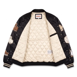 Blouson Bomber Oversize en Satin Unisexe Noir Crème avec Patch Brodé Ours Polaire en Chenille, Logo Personnalisé OEM - Product Image 3