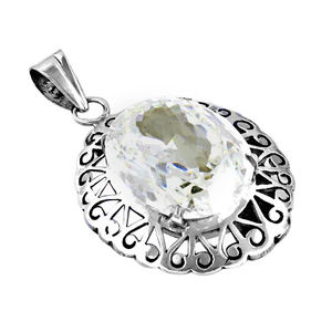 Pendentif de forme ovale blanc Fine Womens Jewelry Sterling Silver Cubic Zirconia Pendentif Collier Chaîne avec boîte-cadeau - Product Image 1