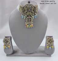 Collier et boucles d'oreilles traditionnels indiens en imitation or, avec pendentif Motipearl fantaisie, perles Kundan et perles d'imitation, style Mala Drop