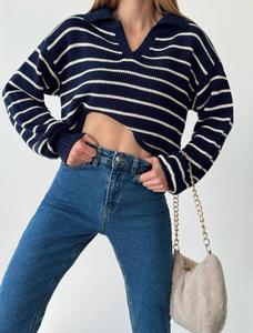 Autumn Winter <b>Women's</b> Casual Sweaters Striped Notched Drop Shoulder Long <b>Sleeve</b> Turn-Down Collar Custom Brown Knit Pullovers - Product Image 3