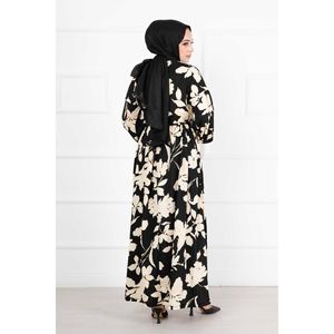 Robe modeste manches ballon à motifs roses Hijab crème fond crème - Product Image 5