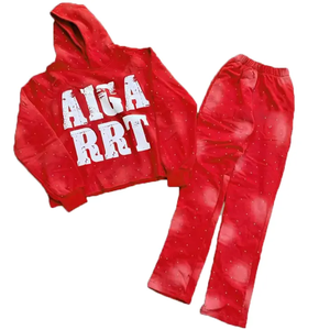 Weat Suit Acid Wash Bordado Angustias Sudadera con capucha Jogging Chándal Pantalones de chándal acampanados y conjunto de Sudadera con capucha - Product Image 5