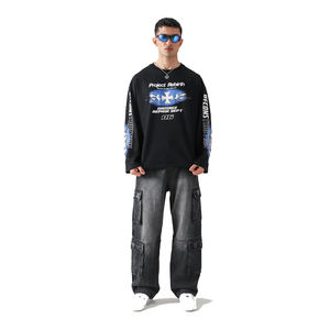 Vente en gros 100% coton noir T-Shirts surdimensionné manches longues hommes unisexe Streetwear décontracté col rond T-Shirts sérigraphié lettre - Product Image 3