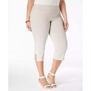 Collezione JM: Pantaloni Capri da Donna Taglie Forti, Beige Scuro, Vita Alta, Stile Casual a Gamba Larga, Vestibilità Comoda, Disponibili XL 3X - Product Image 1