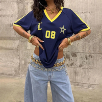 Mode rétro tendance femmes à manches courtes col en v numérique imprimé haut été hip-hop rue ample décontracté polyvalent T-shirt court