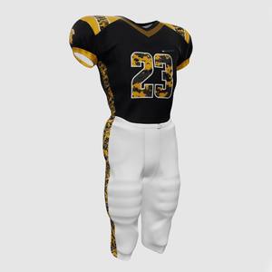 Ensemble de vêtements de sport pour l'entraînement athlétique, maillot de football américain pour hommes, noir avec des accents jaunes et pantalon rembourré blanc - Product Image 2