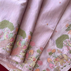 Última colección de Saree de tela de seda Tushar, diseño rosa con todo el trabajo de bordado de estilo forestal para ropa de fiesta de mujer - Product Image 1
