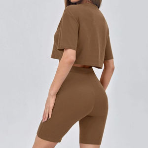 Ensemble de vêtements de salon 100% coton pour femmes T-Shirt à manches courtes au-dessus du genou Short en spandex avec bouton décoration tenue solide - Product Image 5