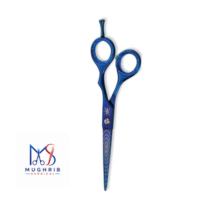 กรรไกรตัดผมสแตนเลส ใบมีดตรง ลายใยแมงมุมสีน้ำเงิน ด้ามจับโลหะทนทาน รูกลม - Product Image 5