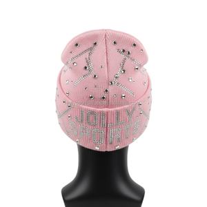 Gorro de Punto Acrílico para Mujer, Color Rosa Suave, con Pedrería y Logotipo Personalizado, Gorro de Moda con Diseño Jacquard - Product Image 2