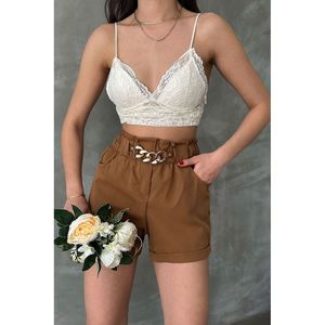 Shorts Topshow Marrón Oscuro con Cinturón, Detalles de Anillo y Bolsillos, Diseño a Cuadros, Tela 100% Poliéster para Ropa Casual de Mujer - Product Image 1