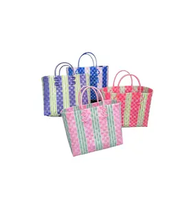 High quality Pp Woven Beach Tote Bag With Pu Handles use for handicraft women shopping bags gift with custom color and design