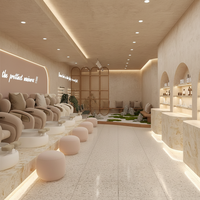 Estetik Güzellik Salonu Mobilyalarını Bulut Şeklinde Sarkıt Lamba ve Dalgalı Çerçeveli LED Ayna ile Sergileyin, Krem Rengi Adaçayı Salon İç Mekanını Tamamlayın