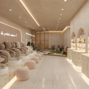 Muebles de Salón de Belleza con Estilo, con Lámpara Colgante en Forma de Nube y Espejo LED con Marco Ondulado, Interior de Salón en Color Crema Salvia - Product Image 6