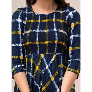 Robe longue évasée smockée à imprimé à carreaux jaunes, taille élastique, respirante, avec fermeture éclair et décoration drapée, pour femme de bureau, OEM/ODM - Product Image 5