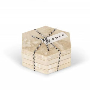 Ensemble de dessous-de-verre en pierre de travertin hexagonale prêt à offrir, résistant à la chaleur, finition naturelle, élégant, durable, protection de table - Product Image 1