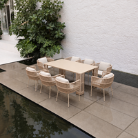 Ensemble de salle à manger d'extérieur en aluminium et corde tressée résistant aux intempéries, mobilier de patio pour hôtels et complexes hôteliers, personnalisable en usine