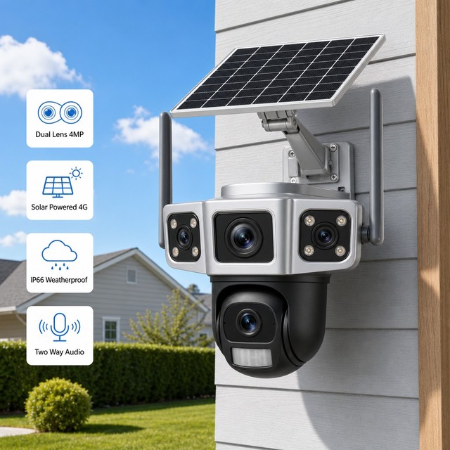Solar Powered 4G Outdoor Security Camera PTZ Dual Lens 4MP WiFi Wireless IP CCTV H.265 with Human Detection Night Vision