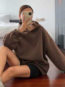 Sweat à capuche surdimensionné doublé polaire femmes épaule tombante coupe ample pull solide marron sweat chaud décontracté hiver Streetwear tenue - Product Image 3