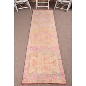 Turkish Vintage Herki Rug 2.5x9.8 ft Patchwork Design <b>Wool</b> Latex Backing Eco-Friendly Pink & <b>Yellow</b> Borders - Product Image 1