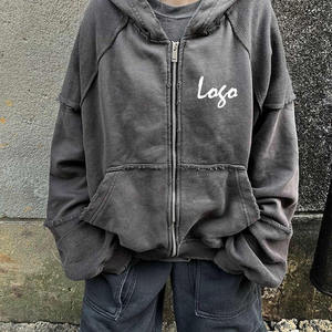 Wholesale Autumn Embroidered Logo Cotton <b>Zip</b> <b>Hooded</b> Pullover Men's Streetwear Acid Washed Heavyweight Zipper Hoodies - Product Image 5