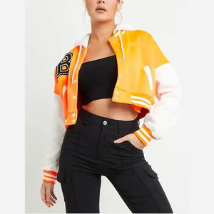 Top corto a prueba de viento de Invierno para mujer con cuello redondo chaquetas universitarias con mangas de cuero de vaca transpirable estilo corto de béisbol - Product Image 3