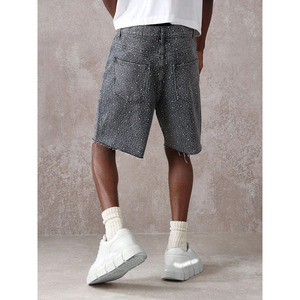 Shorts en jean personnalisés avec strass noirs pour hommes, ourlet brut, streetwear d'été, hip-hop, jeans à clous en cristal, jorts unisexe, élastique - Product Image 5