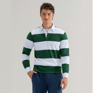 Camiseta Polo de Rugby Extra Grande para Hombre con Logotipo Personalizado, de Alta Calidad, Transpirable, Teñida con Hilo, a Rayas Blancas y Verdes, de Manga Larga - Product Image 1