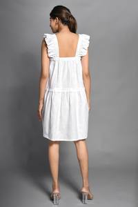 <b>White</b> Linen Ruffle Mini <b>Dress</b> Women Square Neck Short Sleeve Summer Casual Bohemian Style Regular Eco-Friendly <b>Plain</b> Dyed - Product Image 3