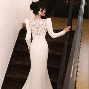 בד סאטן אלגנטי קומה/שמלת כלה חצוצרה עם תחרה ושרוולים ארוכים בתוספת גודל זמין - Product Image 4