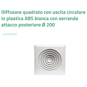 Difusor de Aire Acondicionado Cuadrado de Plástico ABS Tecnosystemi, Salida Circular, Conexión Trasera, Regulador de Flujo, Rejillas de 200 mm de Diámetro - Product Image 2