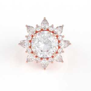 Exquisito anillo de compromiso de oro rosa con una piedra central de corte Marquesa para propuestas y ocasiones especiales disponibles para la venta - Product Image 2