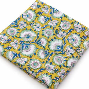 Tissu en voile de coton peigné 60S/60S léger, imprimé à la main par bloc, motif floral jaune et bleu feuillage, par Pinksa Fashion 90 - Product Image 6